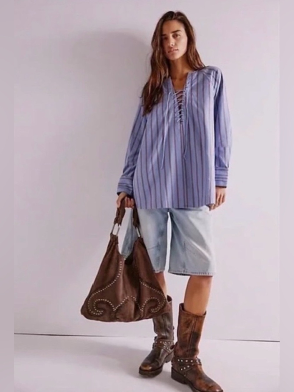 We The Free Lisbon Tunic Top Free People Periwinkle Stripe Lace Up Modern Boho